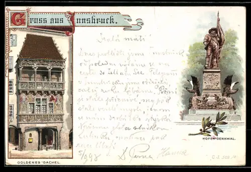 Lithographie Innsbruck, Goldenes Dachl, Hofer-Denkmal