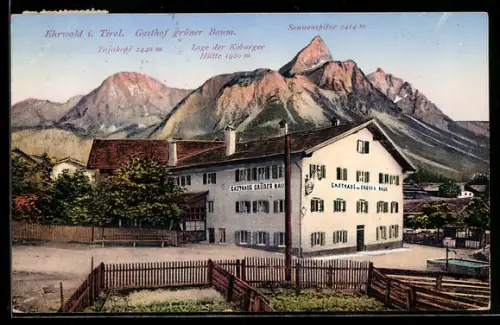 AK Ehrwald i. Tirol, Gasthof Grüner Baum, Bergpanorama mit Sonnenspitze