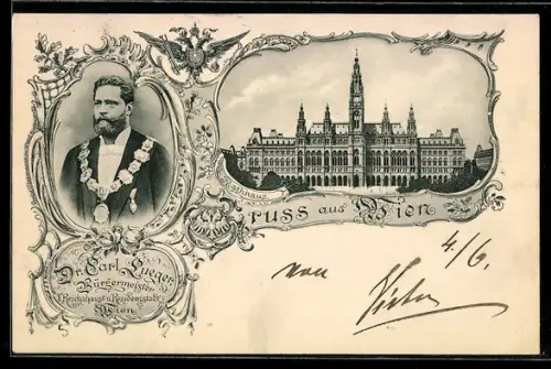 AK Wien, Rathaus, Porträt des Bürgermeisters Dr. Carl Lueger