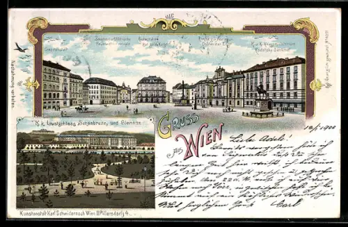 Lithographie Wien, Schloss Schönbrunn und Gloriette, K. u. k. Kriegsministerium, Restaurant zum goldenen Krug