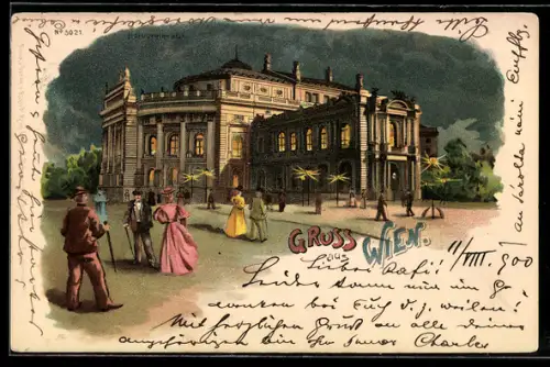 Lithographie Wien, Hofburgtheater mit Passanten