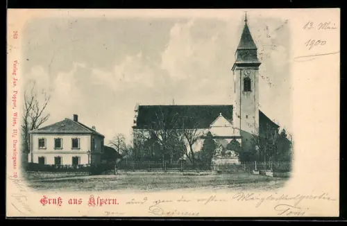 AK Wien, Aspern, Kirche mit Haus und Denkmal