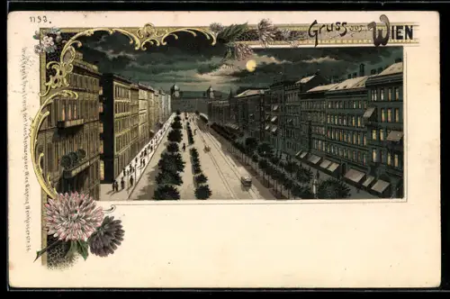 Lithographie Wien, Kärntnerring bei Nacht