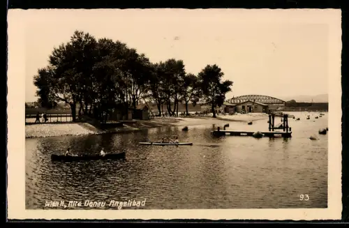 AK Wien, Alte Donau, Angelibad mit Ruderbooten und Brücke