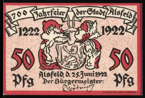 Notgeld Alsfeld 1922, 50 Pfennig, 700-Jahrfeier, Blick hinter dem Rathaus, Turmdurchgang der Walpurgiskirche
