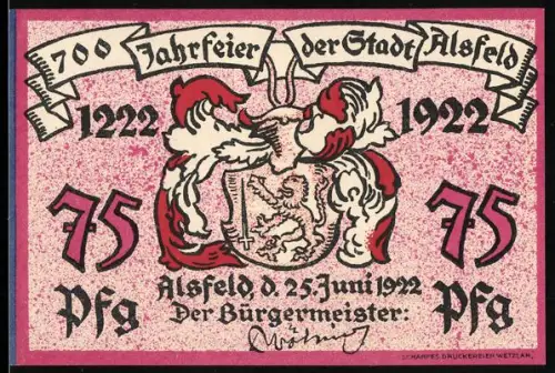 Notgeld Alsfeld 1922, 75 Pfennig, 700-Jahrfeier mit Stadtwappen und Ansichten der Oberen und Unteren Fuldergasse