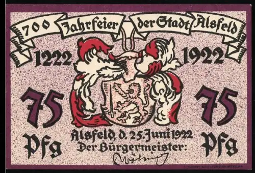 Notgeld Alsfeld 1922, 75 Pfennig, 700-Jahrfeier, Wappen, Stadtmauer und Dreifaltigkeitskirche