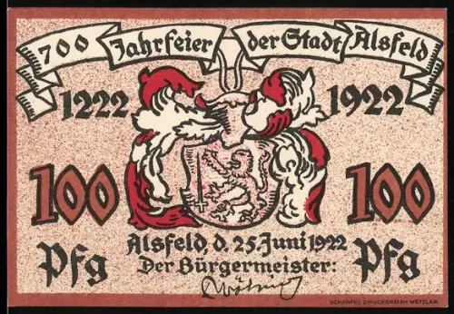Notgeld Alsfeld 1922, 100 Pfennig, 700-Jahr-Feier mit Wappen und Marktplatz im 17. Jahrhundert
