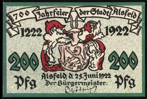 Notgeld Alsfeld 1922, 200 Pfennig, 700-Jahrfeier mit Wappen und Walpurgiskirche