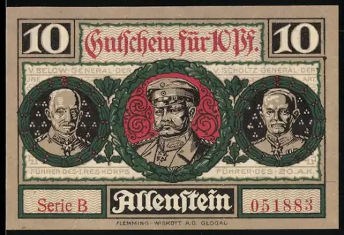 Notgeld Allenstein 1921, 10 Pfennig, Portrait Generalfeldmarschall Paul von Hindenburg mit Pour le Mérite