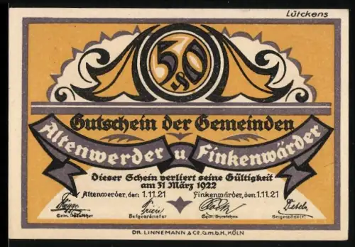 Notgeld Altenwerder 1922, 50 Pfennig, Frosch mit Milchflasche und Inseln als Motiv