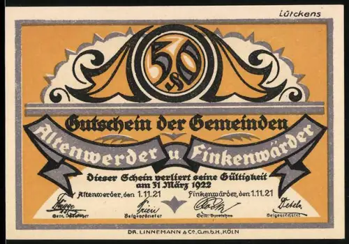 Notgeld Finkenwerder 1921, 50 Pfennig, Kühe und Fischer vor Hamburg-Silhouette