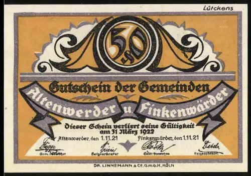 Notgeld Altenwerder 1921, 50 Pfennig, Dämon mit Gebäuden und Finkenwärder Obst