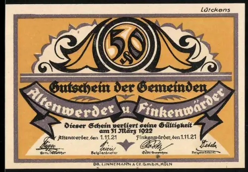 Notgeld Finkenwerder 1921, 50 Pfennig, Hafenarbeiter mit Milchkannen und Stadtsilhouette