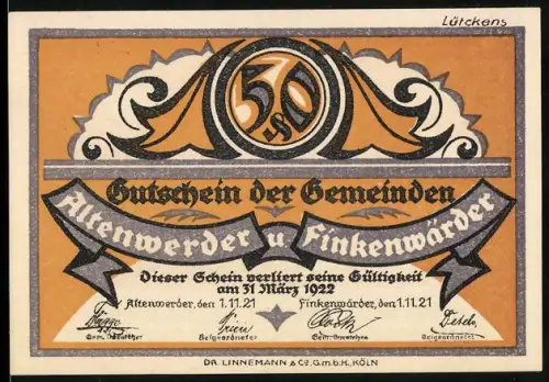 Notgeld Altenwerder 1921, 50 Pfennig, Porträt des Matrosen Gorch Fock vom Kleinen Kreuzer S.M.S. Wiesbaden 1880-1916