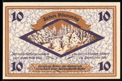 Notgeld Friedrichroda i. Thür., 10 Pfennig, Winterlandschaft und Bergmann