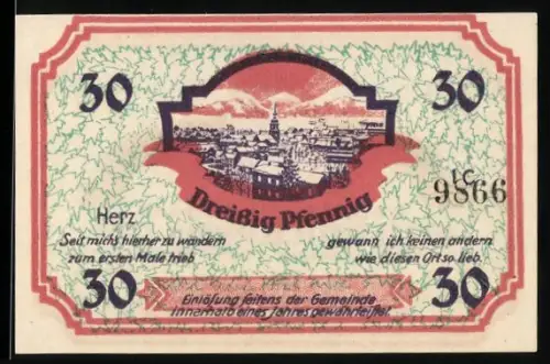 Notgeld Friedrichroda i. Thür., 30 Pfennig, Ortsansicht und Wappen mit Bergmann