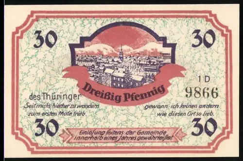 Notgeld Friedrichroda i. Thür., 30 Pfennig, Ortsansicht und Wappen mit Bergmannsmotiv