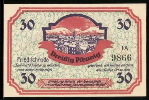 Notgeld Friedrichroda i. Thür., 30 Pfennig, Ortsansicht und Wappen mit Bergmannsmotiv