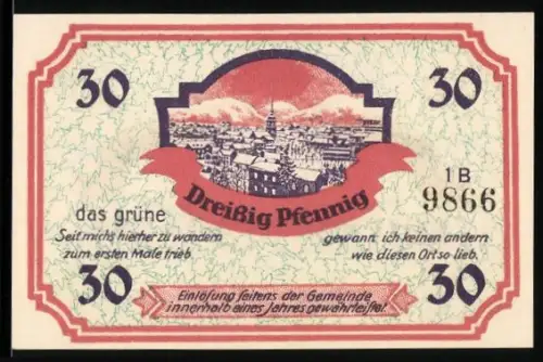 Notgeld Friedrichroda i. Thür., 30 Pfennig, Ortsansicht und Wappen mit Bergmannsmotiv