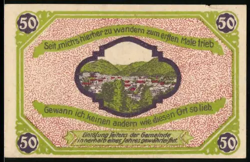 Notgeld Friedrichroda i. Thür., 50 Pfennig, Ortsansicht im Tal und Bergmannsmotiv