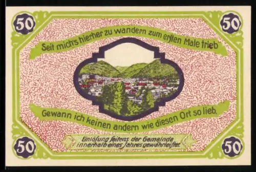 Notgeld Friedrichroda i. Thür., 50 Pfennig, Ortsansicht zwischen Bergen und Bergmann