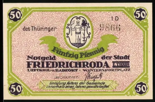 Notgeld Friedrichroda i. Thür., 50 Pfennig, Wappen und Ortsansicht mit Landschaftsmotiv