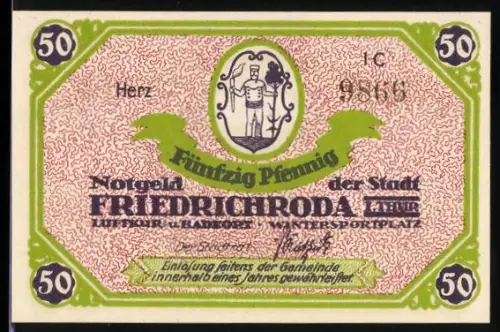 Notgeld Friedrichroda i. Thür., 50 Pfennig, Stadtwappen und Landschaftspanorama