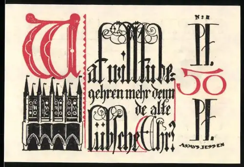 Notgeld Lübeck 1921, 50 Pfennig, gotische Schrift mit Kirche und Adler