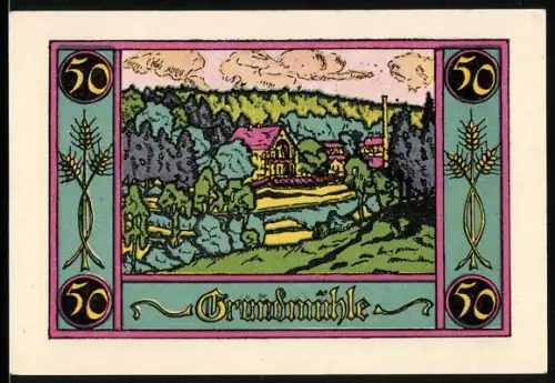 Notgeld Marktschorgast 1921, 50 Pfennig, Grundmühle, Landschaft und Blume im Wappen