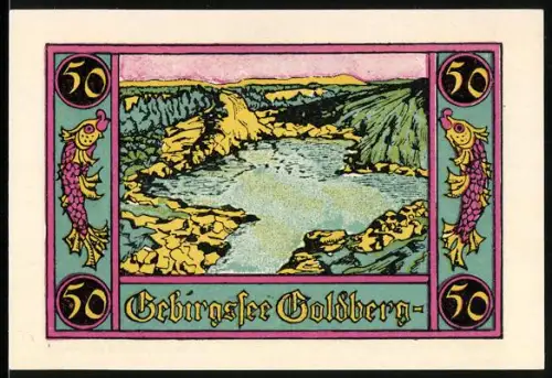 Notgeld Marktschorgast 1921, 50 Pfennig, Gebirgssee Goldberg und Blüte im Wappen