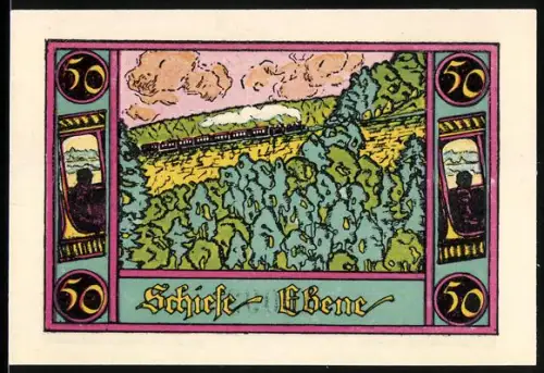 Notgeld Marktschorgast 1921, 50 Pfennig, Zug in hügeliger Waldlandschaft und Wappen mit Blume