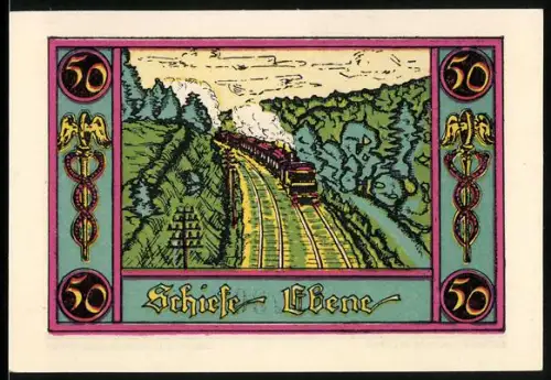 Notgeld Marktschorgast 1921, 50 Pfennig, Zug auf schiefer Ebene und Wappen mit rosa Blume