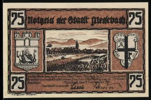 Notgeld Medebach 1921, 75 Pfennig, Landschaft mit Kirche und Eisenbahnbrücke