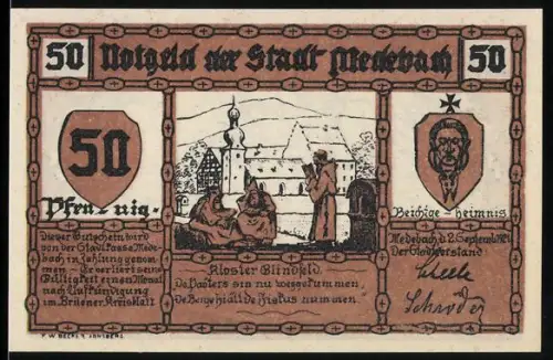 Notgeld Medebach 1921, 50 Pfennig, Kloster mit Mönchen und Bauer bei der Ernte