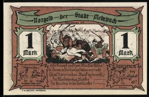Notgeld Medebach 1921, 1 Mark, Kampf auf dem Butterfelde und Fachwerkhaus mit Wappen