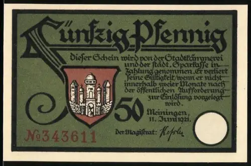 Notgeld Meiningen 1921, 50 Pfennig, Gasthaus und Liedmotiv von Rudolf Baumbach