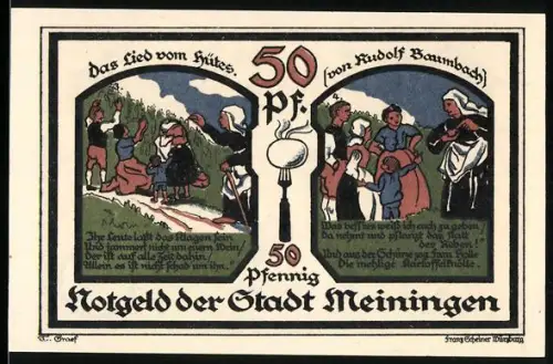 Notgeld Meiningen 1921, 50 Pfennig, Das Lied vom Hütes von Rudolf Baumbach, Stadtwappen
