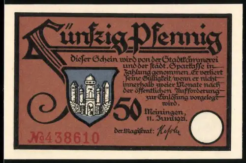 Notgeld Meiningen 1921, 50 Pfennig, Gedicht von Rudolf Baumbach und Stadtwappen