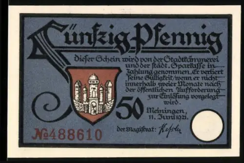 Notgeld Meiningen 1921, 50 Pfennig, Stadtwappen und Szenen aus dem Lied vom Hütes von Rudolf Baumbach
