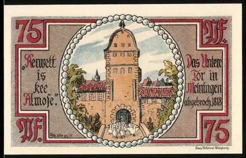 Notgeld Meiningen 1921, 75 Pfennig, Unteres Tor in Meiningen, abgebrochen 1818
