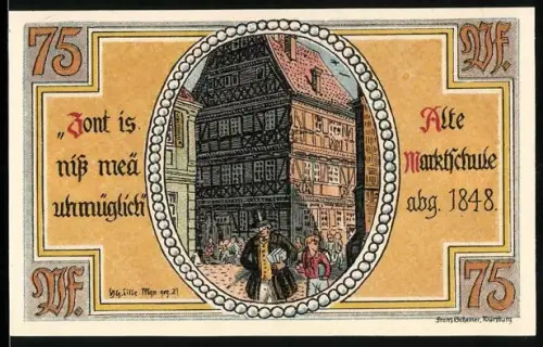 Notgeld Meiningen 1921, 75 Pfennig, Alte Marktschule, abgebrochen 1848