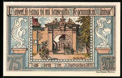 Notgeld Meiningen 1921, 75 Pfennig, Oberes Tor, abgebrochen 1876