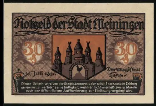 Notgeld Meiningen 1921, 30 Pfennig, Burgmotiv und Wappen
