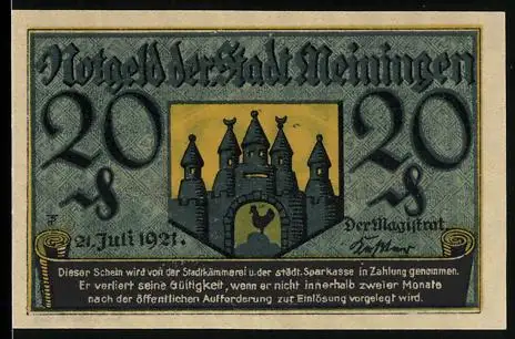 Notgeld Meiningen 1921, 20 Pfennig, Burg und Nominalwert