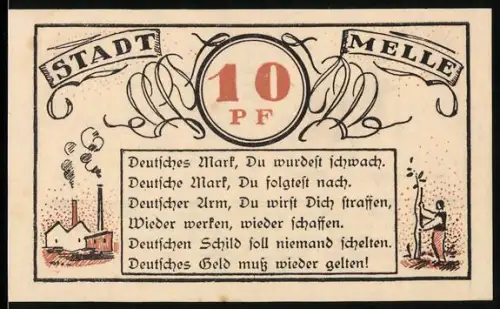 Notgeld Melle 1921, 10 Pfennig, Gedicht, Fabrik und neugepflanzter Baum