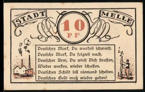Notgeld Melle 1921, 10 Pfennig, Fabrik mit Schornsteinen und neugepflanzter Baum