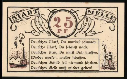 Notgeld Melle 1921, 25 Pfennig, Gedicht, Fabrik und neugepflanzter Baum