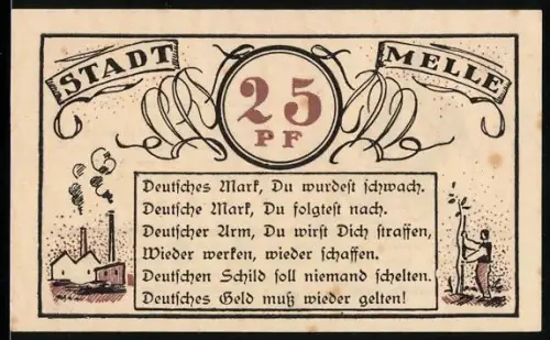 Notgeld Melle 1921, 25 Pfennig, Fabrik, reicher Herr und Habenichts