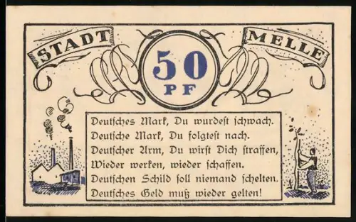 Notgeld Melle 1921, 50 Pfennig, Gedicht, Fabrik und Pferdekarren